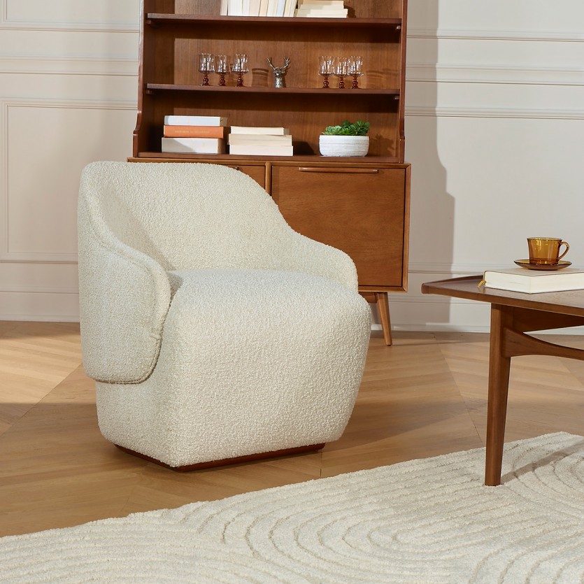 Fauteuil PRESLEY - Style nordique en tissu polyester bouclette blanc, 1 place