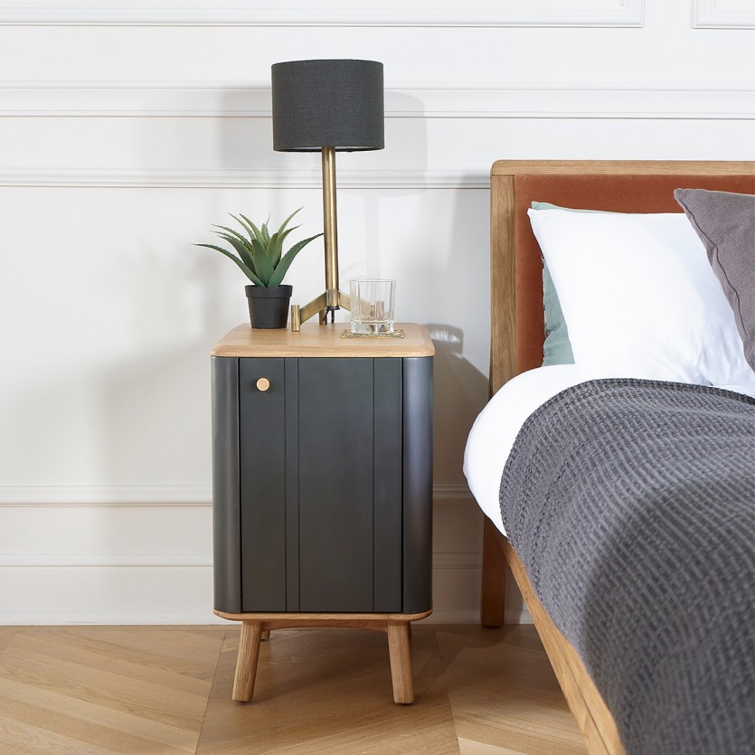 KYOTO - Table de chevet style moderne en chêne, 1 porte, 1 étagère