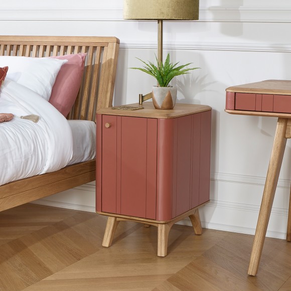 KYOTO - Table de chevet style moderne en chêne, 1 porte, 1 étagère