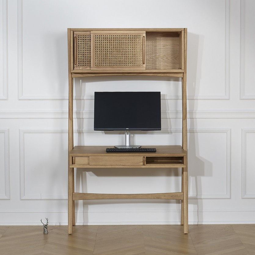 Bureau étagère KITTY - Style moderne en bois et cannage, 1 caisson, 1 tiroir