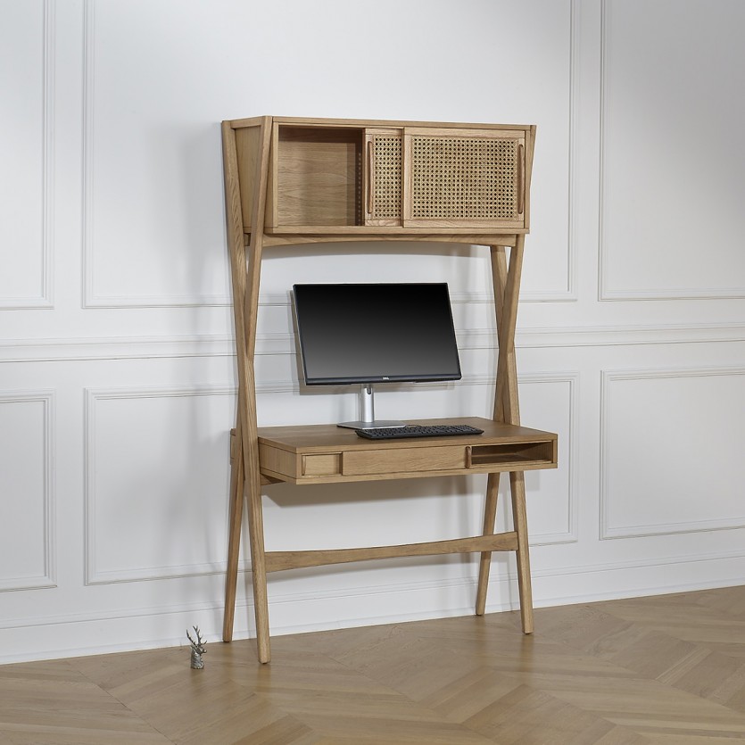 Bureau étagère KITTY - Style moderne en bois et cannage, 1 caisson, 1 tiroir
