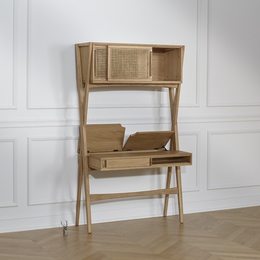 Bureau étagère KITTY - Style moderne en bois et cannage, 1 caisson, 1 tiroir