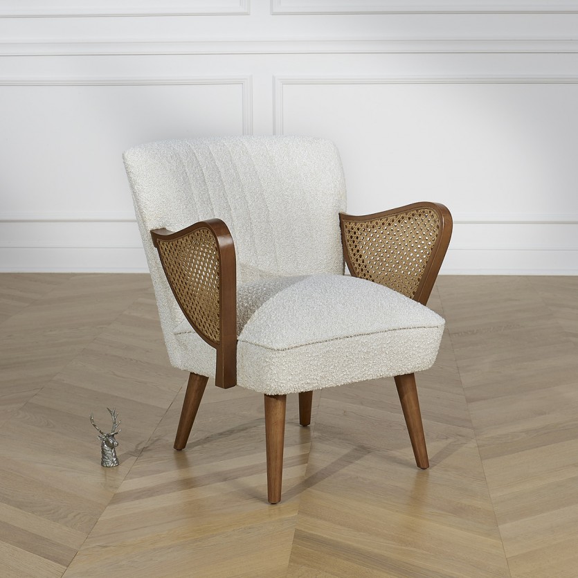 SEVENTY - Fauteuil style nordique en bois et tissu bouclette blanc, 1 place