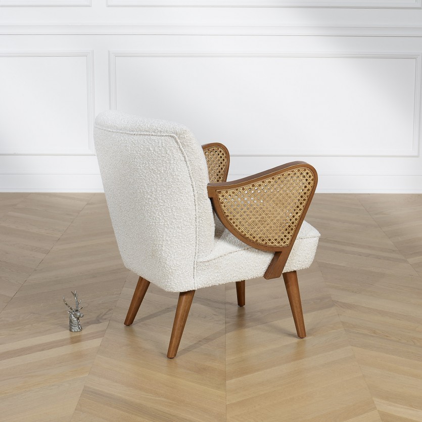 SEVENTY - Fauteuil style nordique en bois et tissu bouclette blanc, 1 place