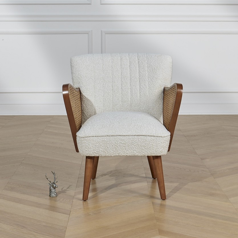 Poltrona SEVENTY - Stile nordico in legno e tessuto bouclé bianco, 1 posto