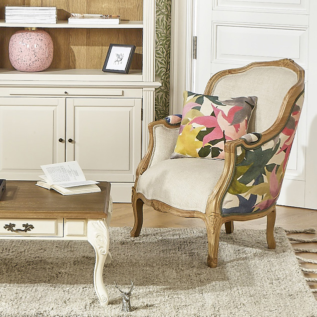 Fauteuil de salon VICTOR IRIS esprit campagne chic en bois, lin et jute, 1 personne